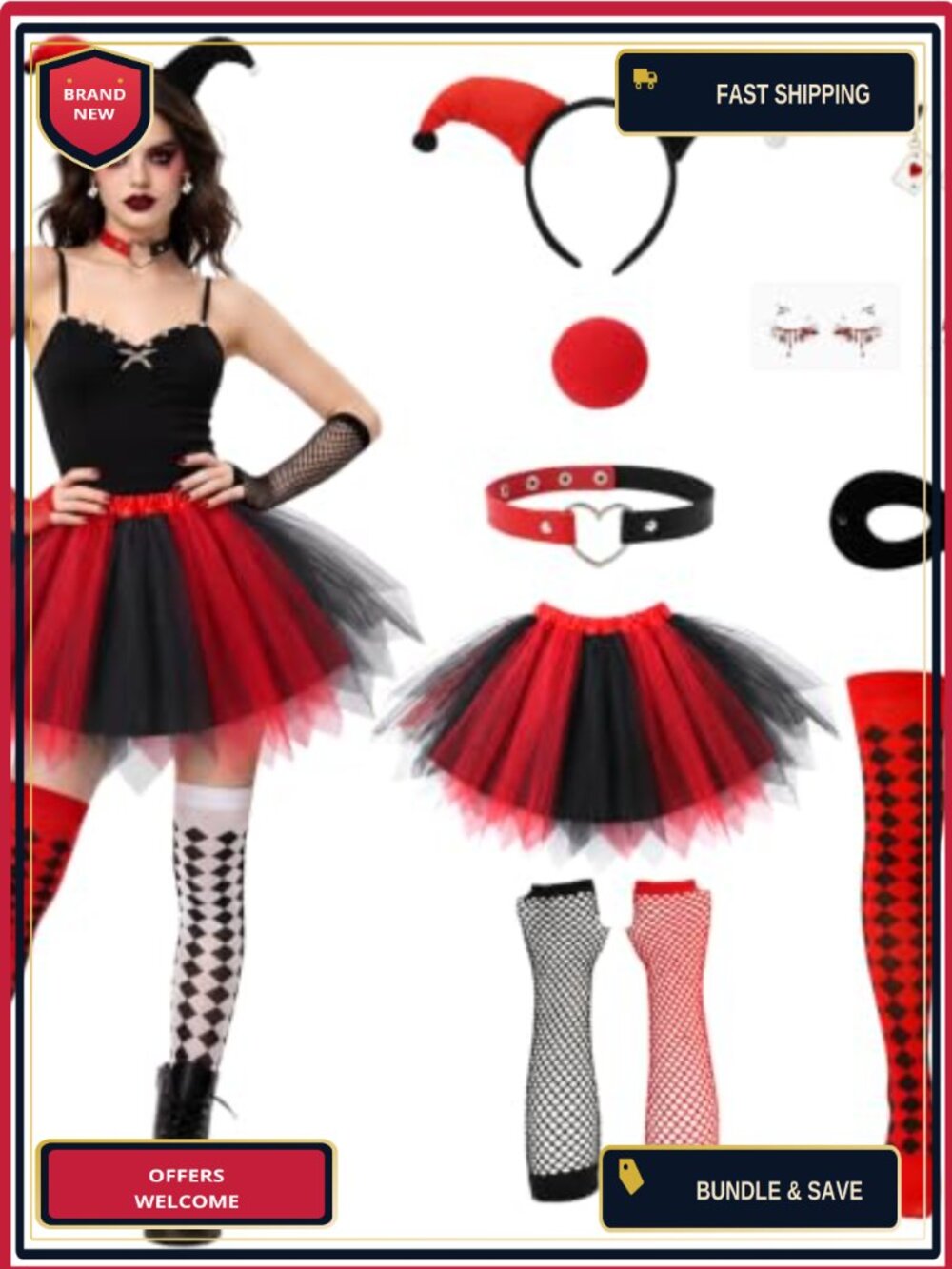 Women's Halloween Clown Costume Set Tutu Skirt Fishnet Gloves Accessories